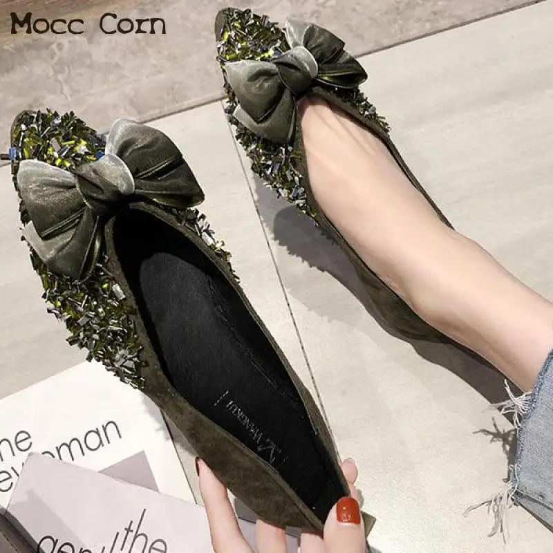 

Suede Bow Women Shoes Casual Slip On Loafers Boat Flats Fashion Pointed Toe Office Ladies Shoes Sequin Moccasins Peas Footwear