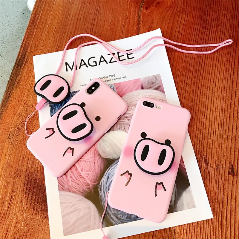 

Cartoon Pink Pig Finger Bracket Phone Cover For iPhone 6 6s Plus 7 8 Plus X XS XR XS Max Case Silicone Rubber Back Cover Lanyard