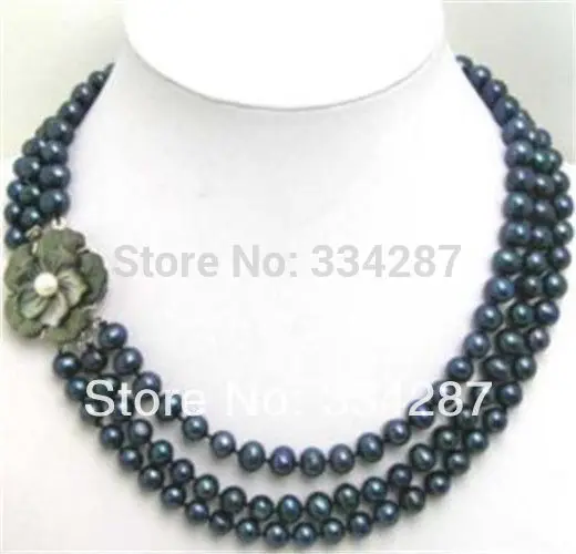 

100% Selling Picture full 3Row 7-8mm Black Pearl Beads with Flwoer Shell Clasp Necklace 17-19