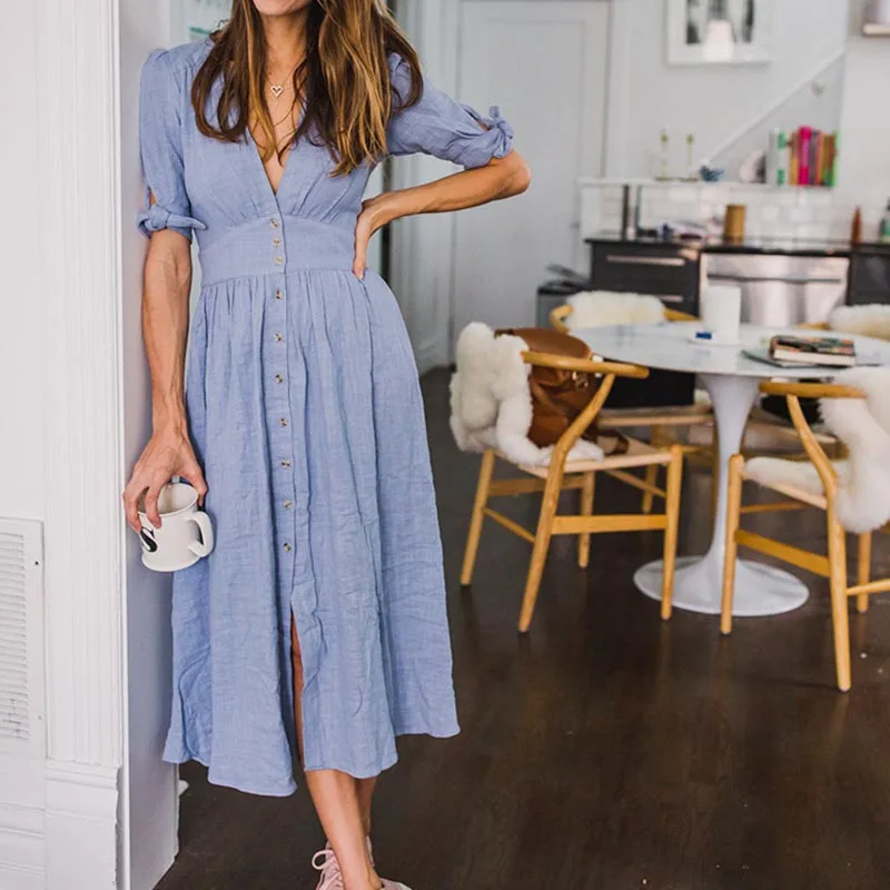 

Sexy v neck plunge women dress Side slit button up summer dress 2018 Fashion bohemian dress midi vestidos mujer