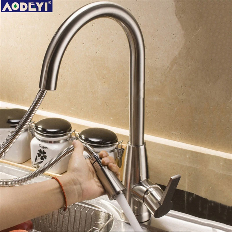 

AODEYI Solid Stainless Steel Single Handle Kitchen Faucet & Pull Out sprayer Hot and Cold Mixer Tap, Brushed Nickel 13-001