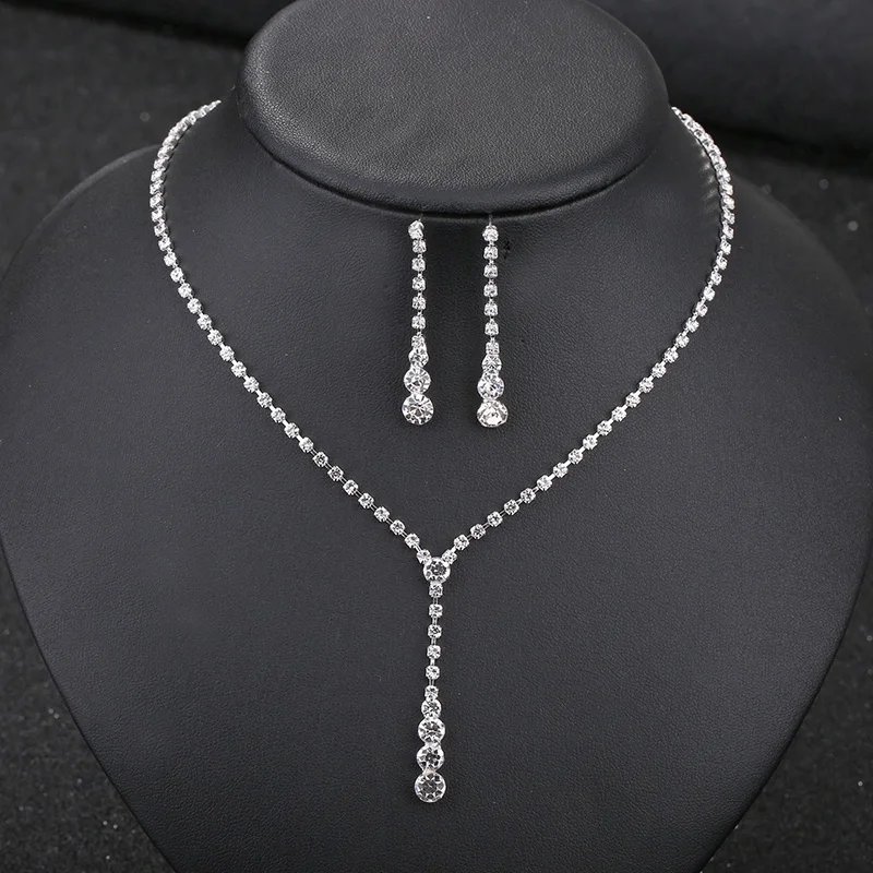 

Fashion Crystal Rhinestone Necklace Women Chokers Bridal Pendant Necklaces Silver Chain Tassel Jewelry Water Drop Necklace Set