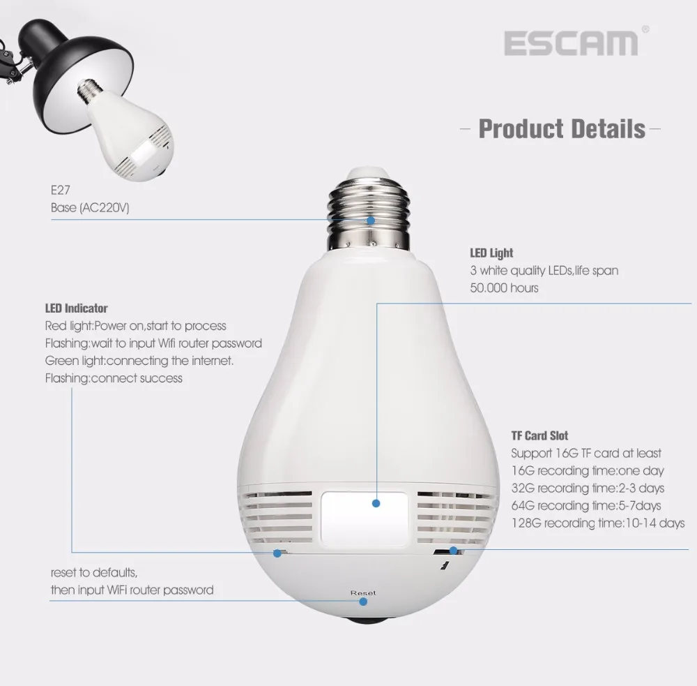 NEW ESCAM Watt QP135 Bulb Type Panoramic WIFI IP Camera H.264 1.3MP Two Way Audio Motion Detection Support 128G TF Card (25)