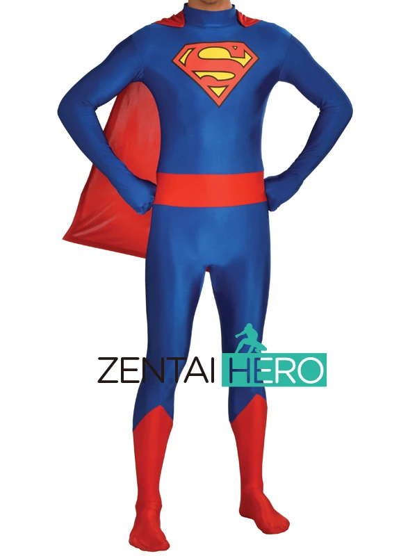 DHL взрослый костюм Супермена обтягивающие лайкра спандекс классический красный и синий костюм на Хэллоуин Zentai костюм с плащ