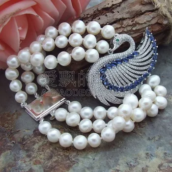 

B070710 3Strands 8-9MM White Pearl CZ Connector Bracelet