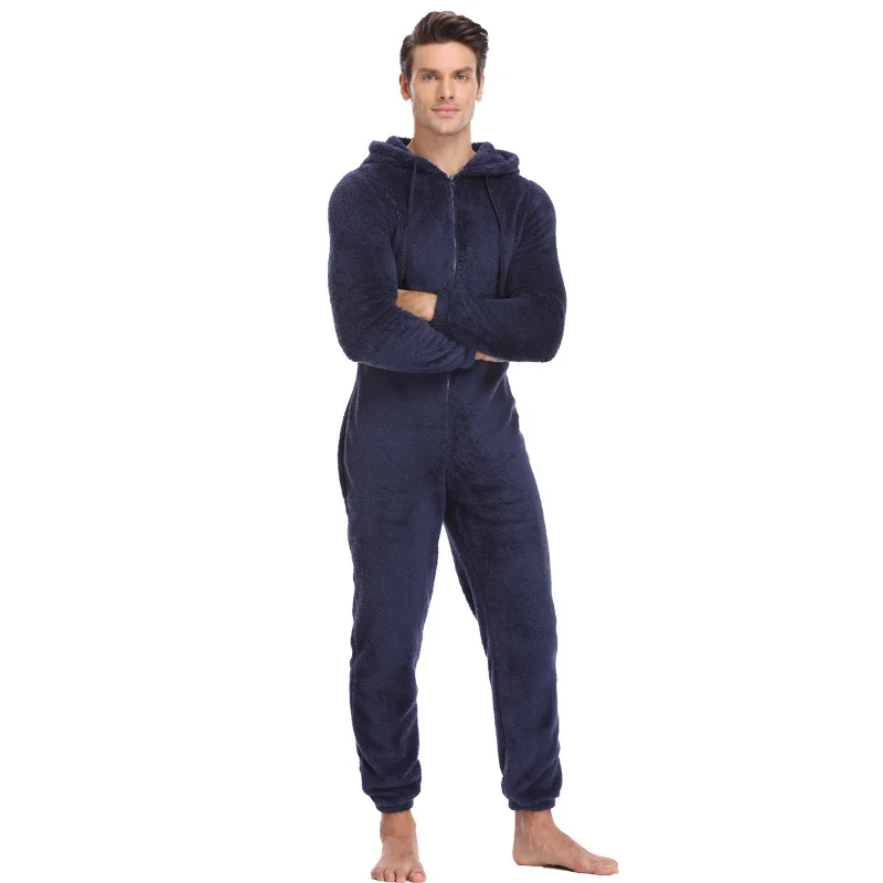 Men's Warm Teddy Fleece Hooded Jumpsuits Model Blue