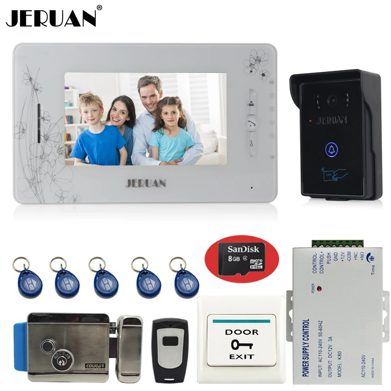 

JERUAN 7`` video doorphone intercom system monitor video recording phone access control system power supply+8GB card+EXIT BUTTON