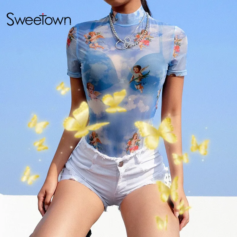 

Sweetown Kawaii Angel Print Mesh Bodysuit Short Sleeve Turtleneck Body Femme Sexy Transparent Summer Rompers Womens Jumpsuit