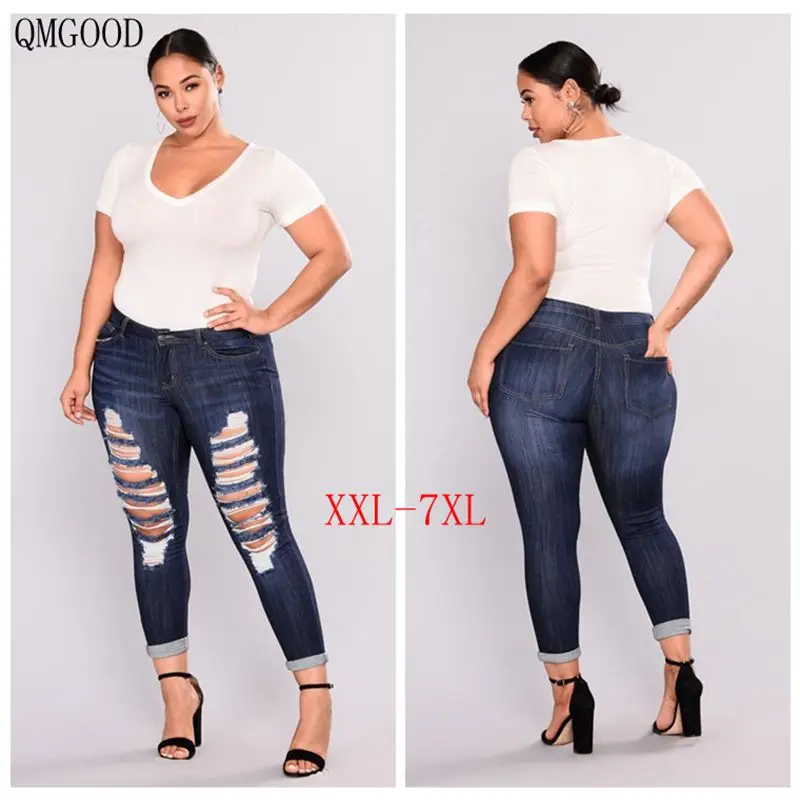 

QMGOOD Blue Sexy Hole Torn Jeans Large Size Women Push Up Ripped Jeans Big Size Stretch Woman Pants Mom Trousers Plus Size 7xl