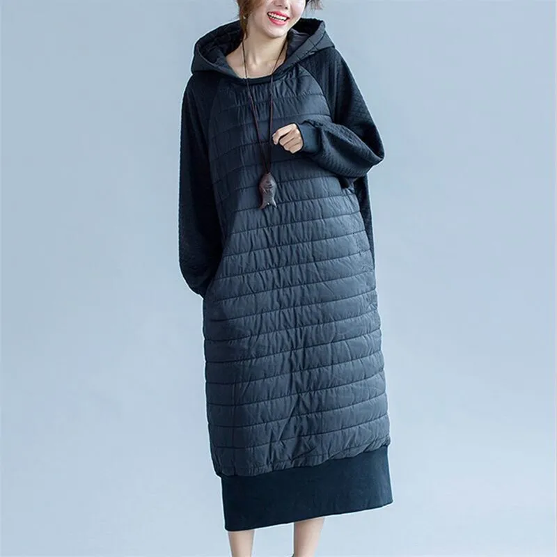 

Street Casual Patchwork Striped Maxi Cotton Coat Large Size L-6XL Women Winter 2019 Warm Thicken Long Slim Hooded jacket Coat