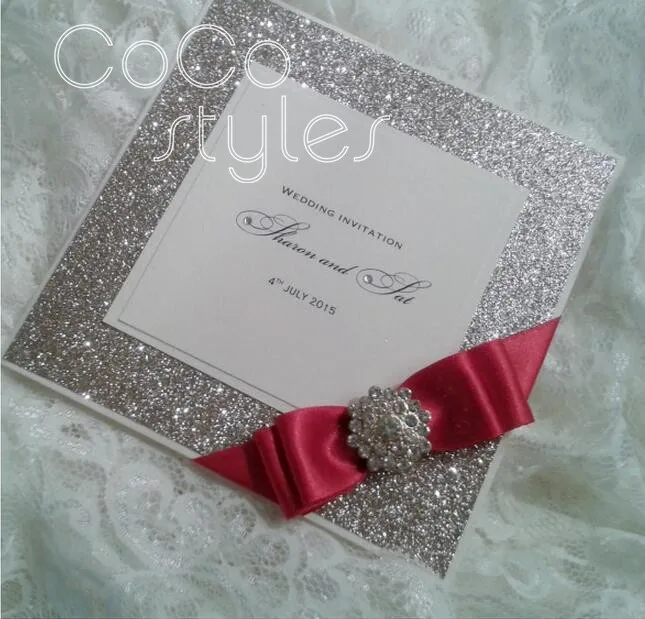  Cocostyles customized elegant glitter invitation card with brooch and ribbon for fantasy wedding in - 32890337548