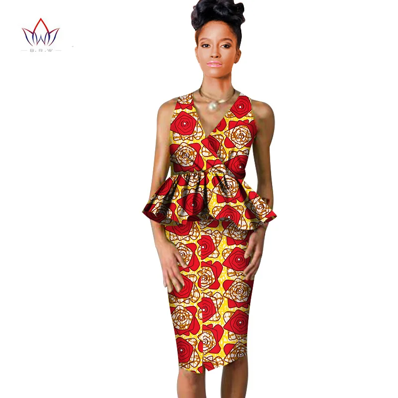 african dresses for women Dashiki v-neck skirt set sexy& club Bazin Riche africa print knee-length dress cotton 6xl BRW WY804