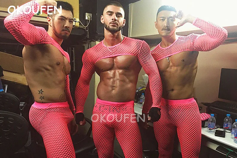 

Sexy Hollow Perspective Fluorescent Pink Half Mesh party costume Nightclub bar male Wear stage show dance outfit