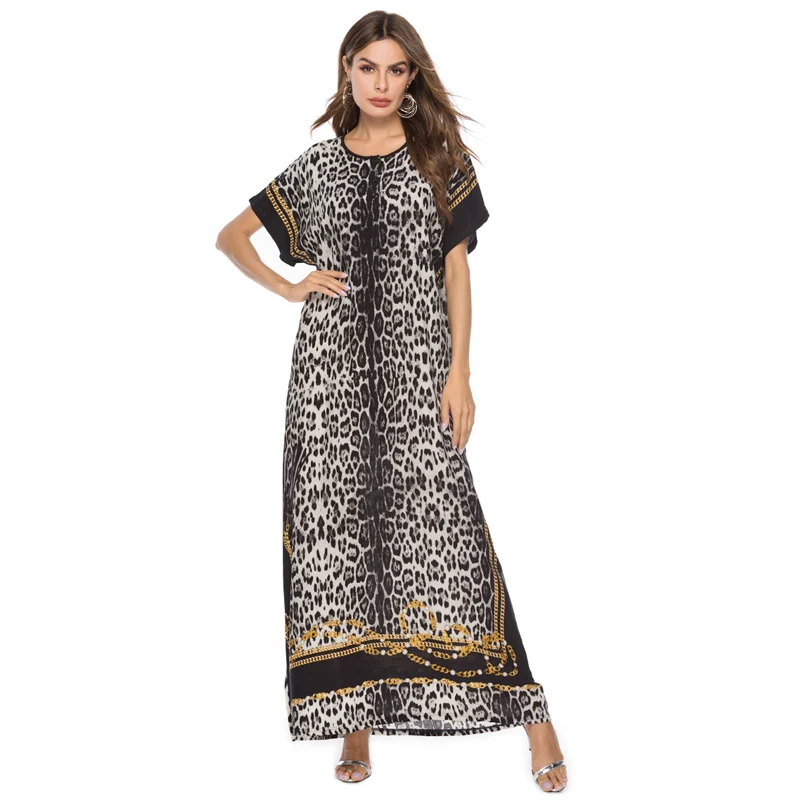 

Women Leopard Dress Summer 2019 Sexy Female Print Long Maxi Dresses Round Neck Short Sleeve Casual Plus Size Robe Kaftan Dress