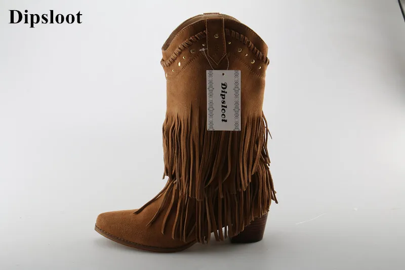 

2018 Cow Girls Cool Tassel Mid-calf Boots Female Pointed Toe Slip-on Short Boots Pointed Toe Suede Leather Chunky Heels Shoes