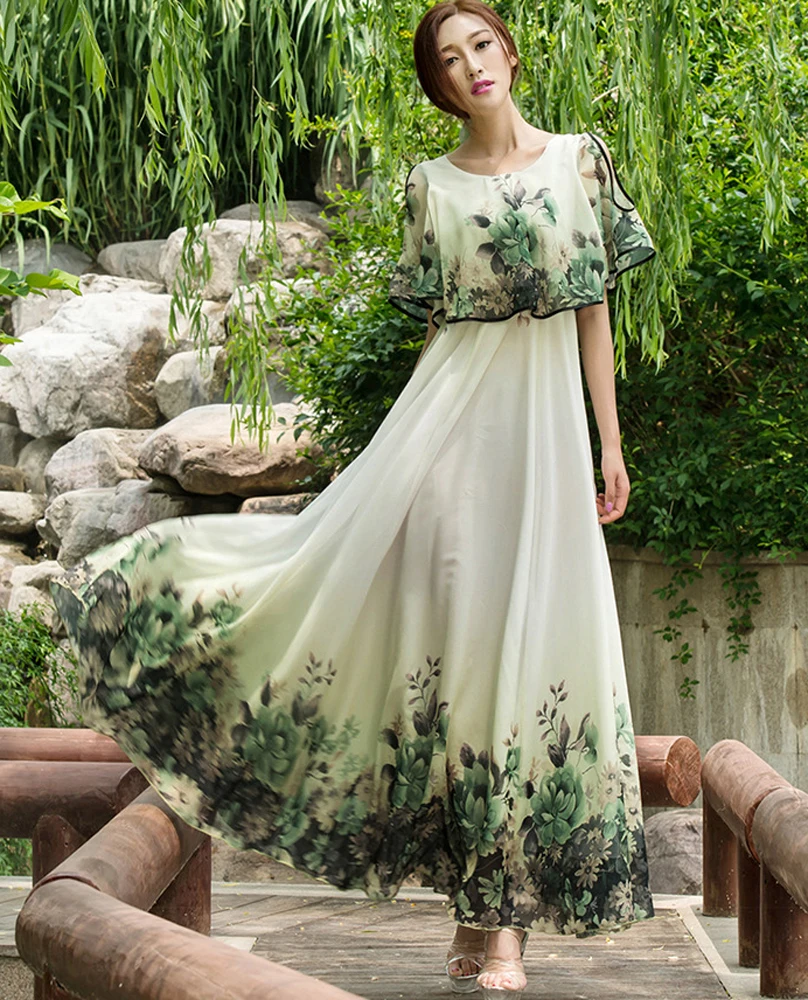 

Summer Lolita Chiffon Slim Bohemia Dress Beach Maxi Vintage Casual Sundress Ruffles Boho Bohemian Flower Printed Green Dresses