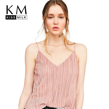 

Kissmilk Plus Size 2020 Women Casual Ruched Camis Large Size Female Pink V-Neck Tank Over Size Sexy Cold Shoulder Tops