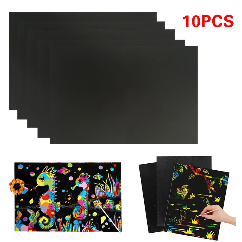 

10 pcs 26cmX19cm Scratch Art Paper Magic Painting Paper with Drawing Stick For Kids Educational Toy Colorful Drawing Toys