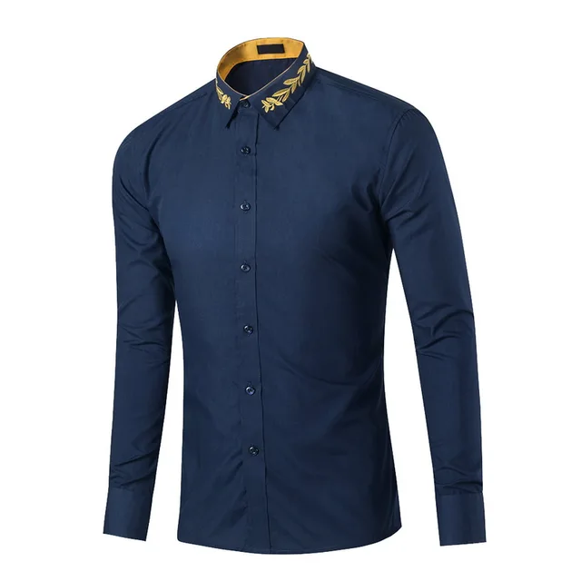Laamei Long Sleeve Loose Spring And Autumn Men’s Shirt New Men’s Fashion Neckline Embroidered Cotton Solid Color Buttoned