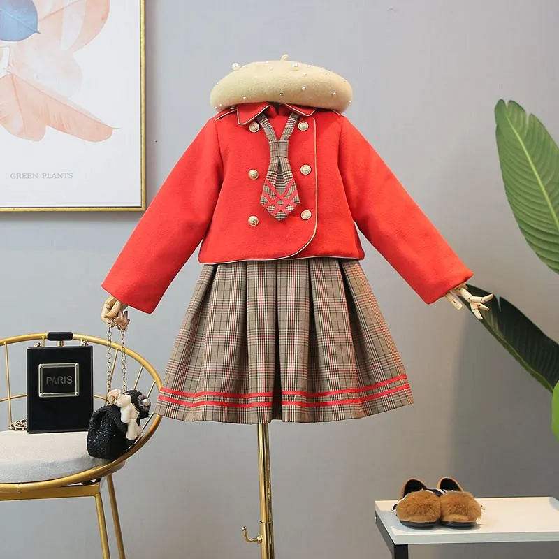 

Kids 2018 new winter coat plus velvet two-piece woolen plaid vest dress with coat 2 suit tide christmas clothes