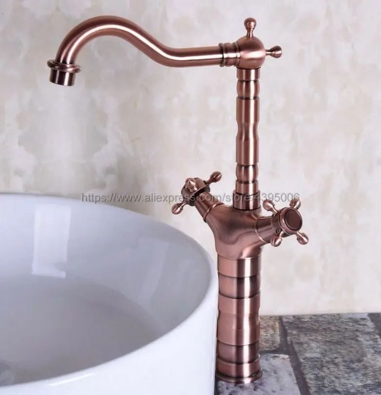 

Dual Handle Swivel Bathroom Kitchen Sink Faucet Antique Red Copper Mixer Tap with Hot and Cold Water Deck Mounted Bnf127