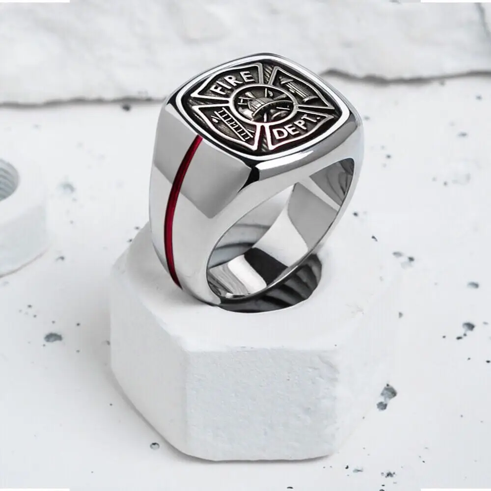 Keisha Lena Mens firefighter Ring Stainless Steel Firemen Ring Top