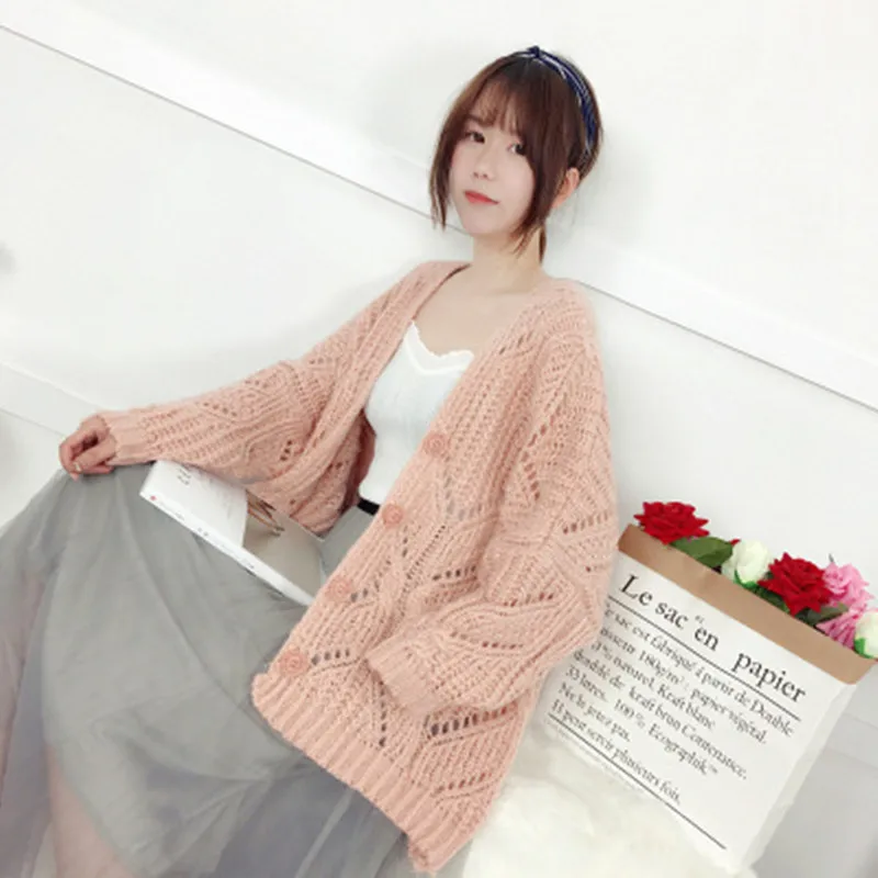 Новинка Весна и Осень корейский стиль свободный рукав летучая мышь полый свитер средней длины свитер кардиган для женщин SW927