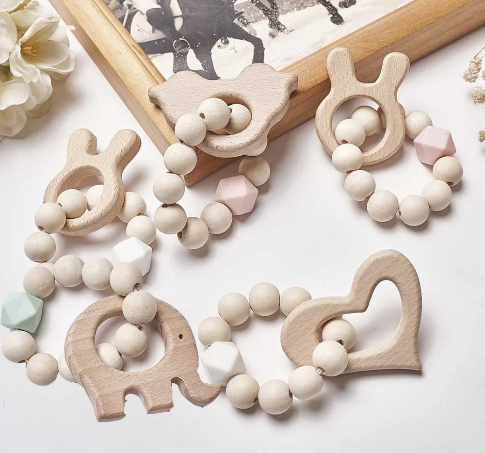 

Baby Nursing Bracelets Wooden Teether Silicone Beads Teething Wood Rattles Toys Baby Teether Bracelets Nursing Toys Gift