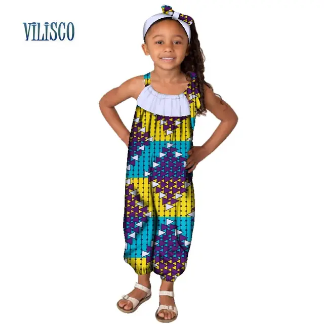 Casual 100 Cotton Children Clothes Jumpsuit with Head Tie African