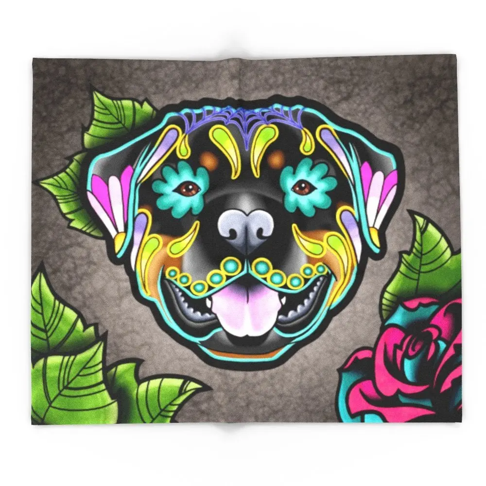 

Blanket Custom Rottweiler Day Of The Dead Sugar Skull Dog Fleece Blanket Sofa/Bed/Plane Travel Plaids Bedding Towel
