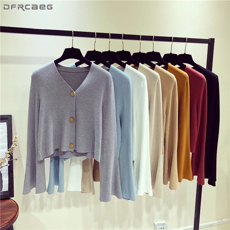 

Flare Sleeve Pull Femme Slim Knitting Women Sweaters 2018 Autumn Single Breasted Crop Tops V-Neck Short Cardigan Streetwear Coat