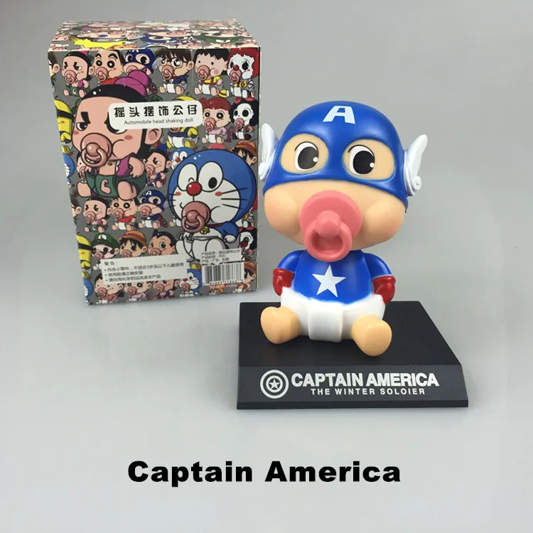 

Cartoon Crayon Shin-chan Cosplay Captain America Cute 11cm Bobble Head Dolls Anime PVC Action Figure Car Decoration