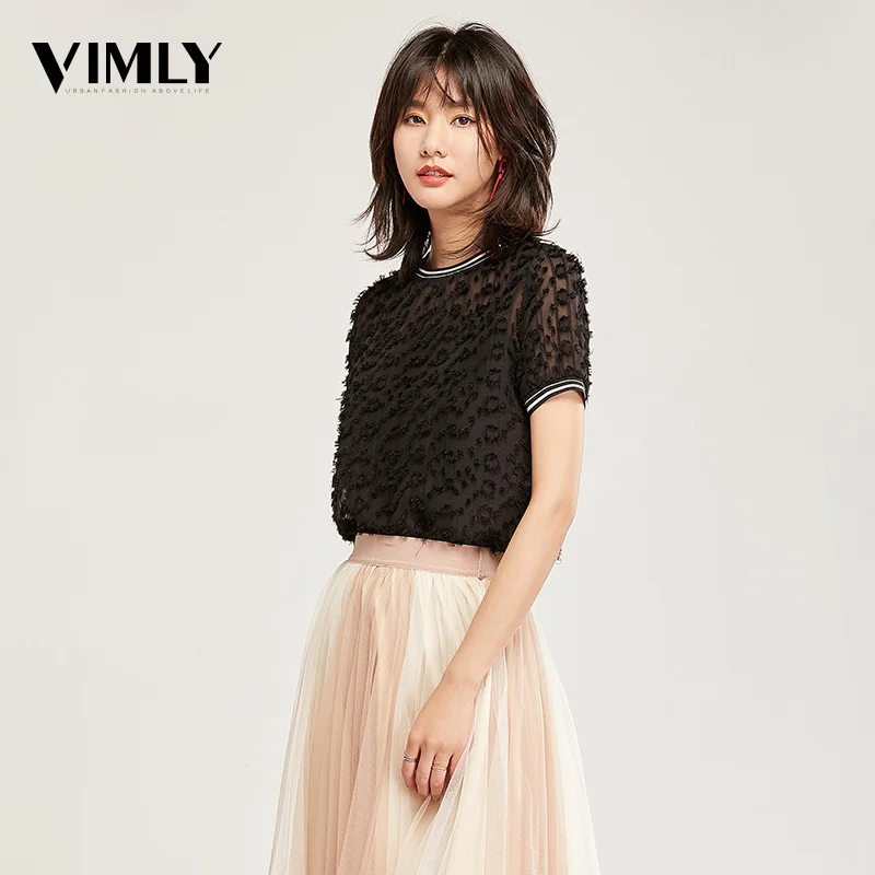  Vimly Women Lace Jacquard Blouse Shirts Summer Short Sleeve Solid Tops Women Elegant Romantic Blous