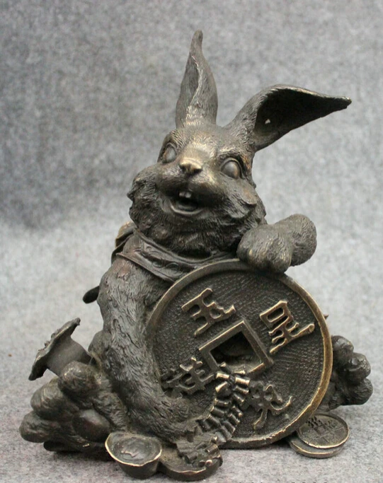 

song voge gem S4146 9" Folk Chinese Year Zodiac Bronze RuYi Coin Wealth Lovely Rabbit Statue Animals
