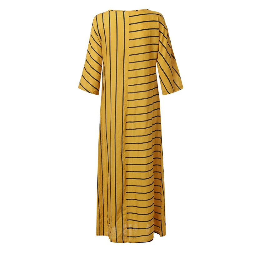   Women Summer 34 Sleeve Casual Brief Fashion Daily Striped Cotton Loose Bohe Long Beach Dress Kaftan Plus Size #4M18 (4)