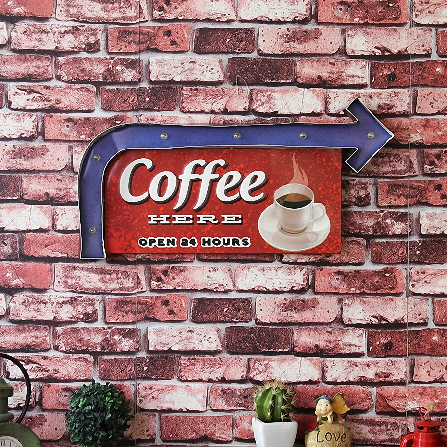 COFFEE HERE OPEN 24 HOURS Large LED Lights Tin Sign Vintage Iron