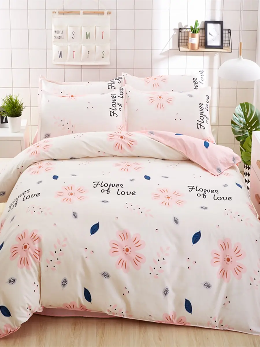 

4 Pcs Duvet Cover Set Fresh Style Floral Letters Print Cozy Bedclothes Set