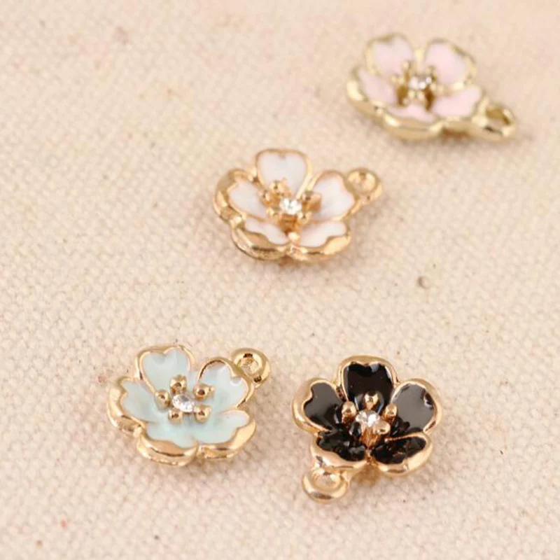 

10pcs Peach blossom 1.5*1.7cm Alloy Enamel Charms For Jewelry Making Gold Color Metal Pendant Decor DIY fit Bracelet Necklace
