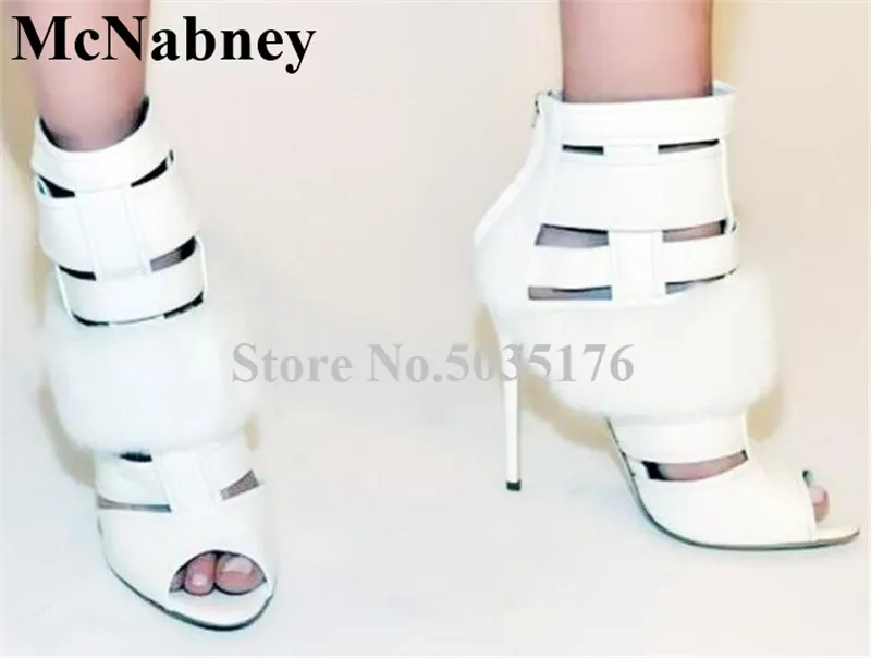 

2019 European Fashion Sexy Solid Feather Hollow Peep Toe Stiletto Heel Zip High Heel Ankle Short Boots Spring/Autumn Women Shoes