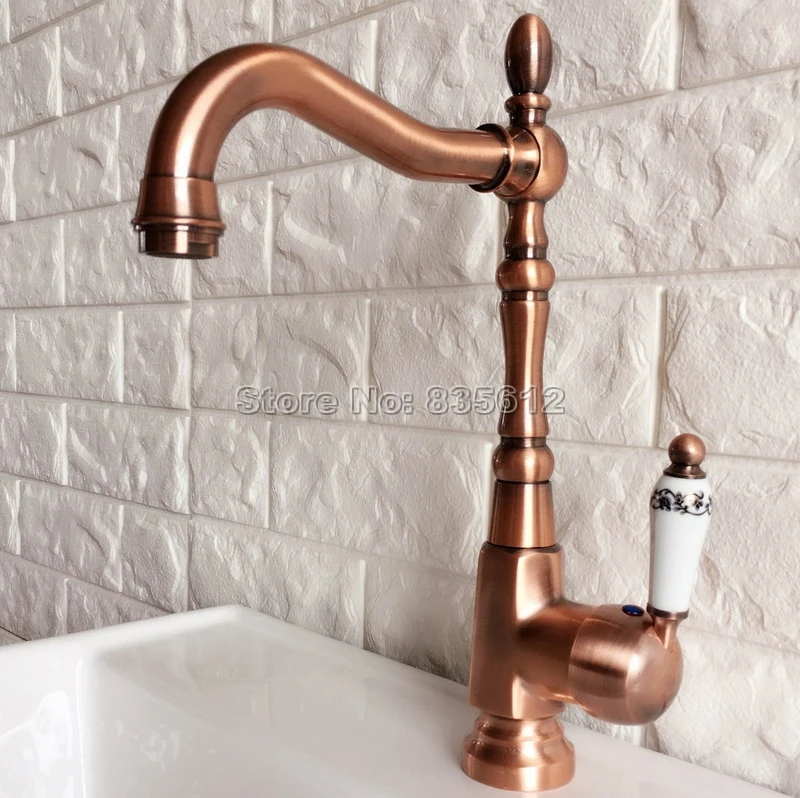 Deck Mounted Antique Red Copper Single Handle Kitchen Faucet Swivel Spout Basin Mixer Vessel Sink Faucets Wnf418