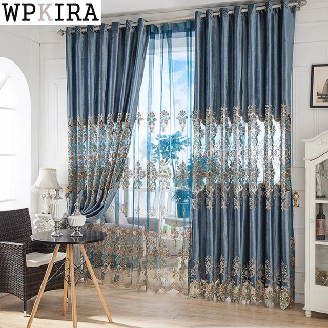 online shop european jacquard curtains for living room blue shiny