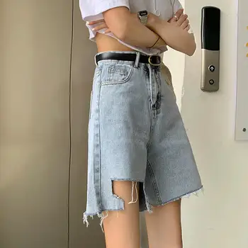 

Loose summer high waist wide leg pants hole denim five pants