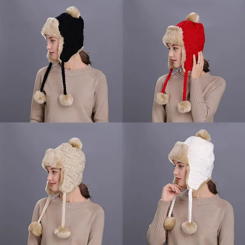 11 Styles Women Winter Thicken Lining Earflap Hat Knitted Contrast Color Snow Ski Beanie Cap Pompom Ball Long Tassels Ear Warmer