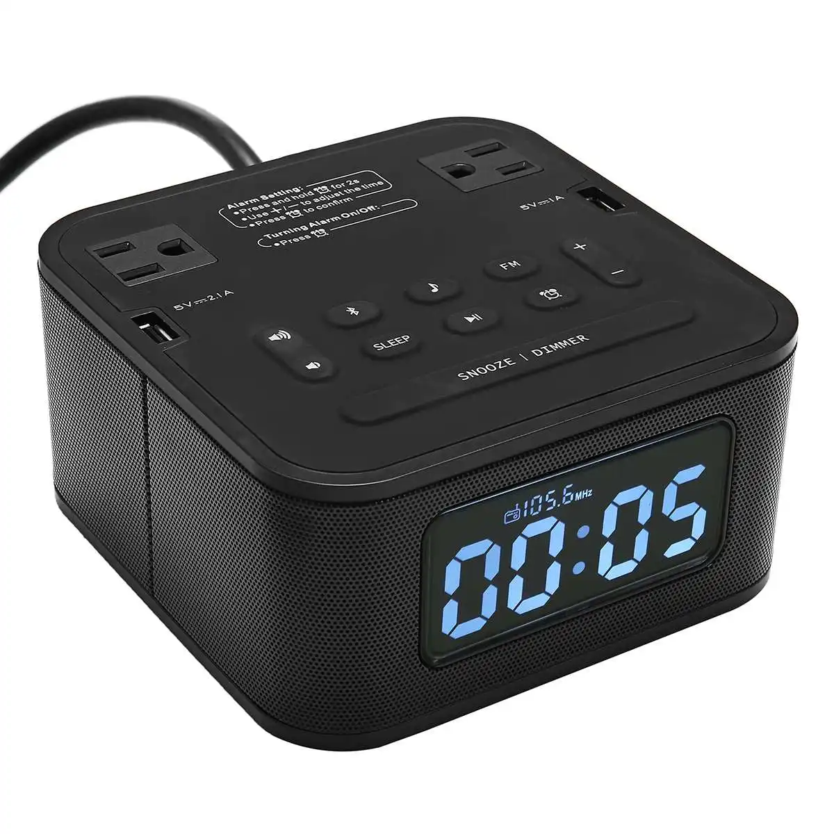 

Wireless LCD Digital Alarm Clock + bluetooth Speaker + FM Radio + Dual USB Charging Port + Plug Socket adjustable brightness