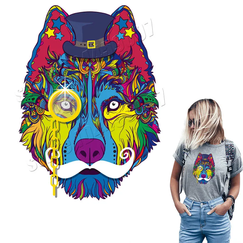 

Colorful Wolf Pattern Parches Personalized Big Washable DIY Stickers For Man Handmade Decor Accessory Fashion Patches