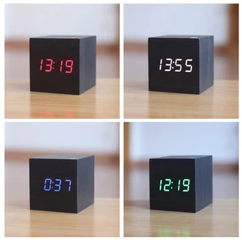 

Voice Control LED Wooden Alarm Clock Cube Clock USB Powered with Temperature Display