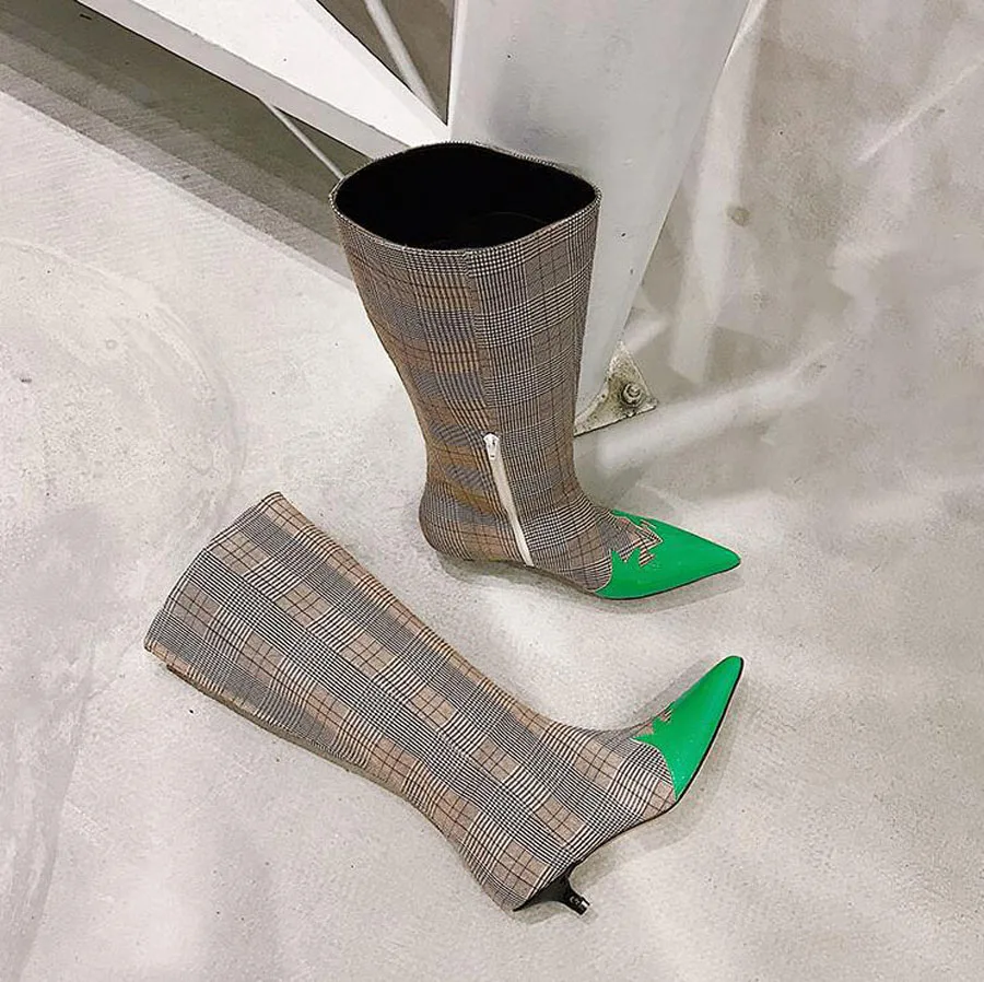 Prova Perfetto 2018 Новый плед ткань лоскутное зеленый лист Декор колено высокие сапоги женские с острым носком на каблуке «рюмочка» ботинки в