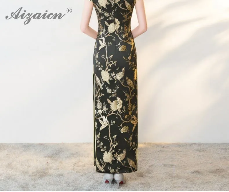 Восточный винтажное платье модные черные элегантные вышивка Cheongsam воды воротник Длинные Qipao для женщин китайское традиционное платье Qi Pao