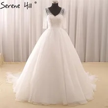 White Half Sleeve V-Neck Sexy Wedding Dresses 2017 Pearls Sequined Fashion Tulle Bridal Wedding Dresses Robe De Mariee