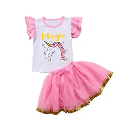 Новый летний жилет с оборками и рисунком единорога для маленьких девочек, футболка Топы + бальное платье-пачка юбка с бантом комплект
